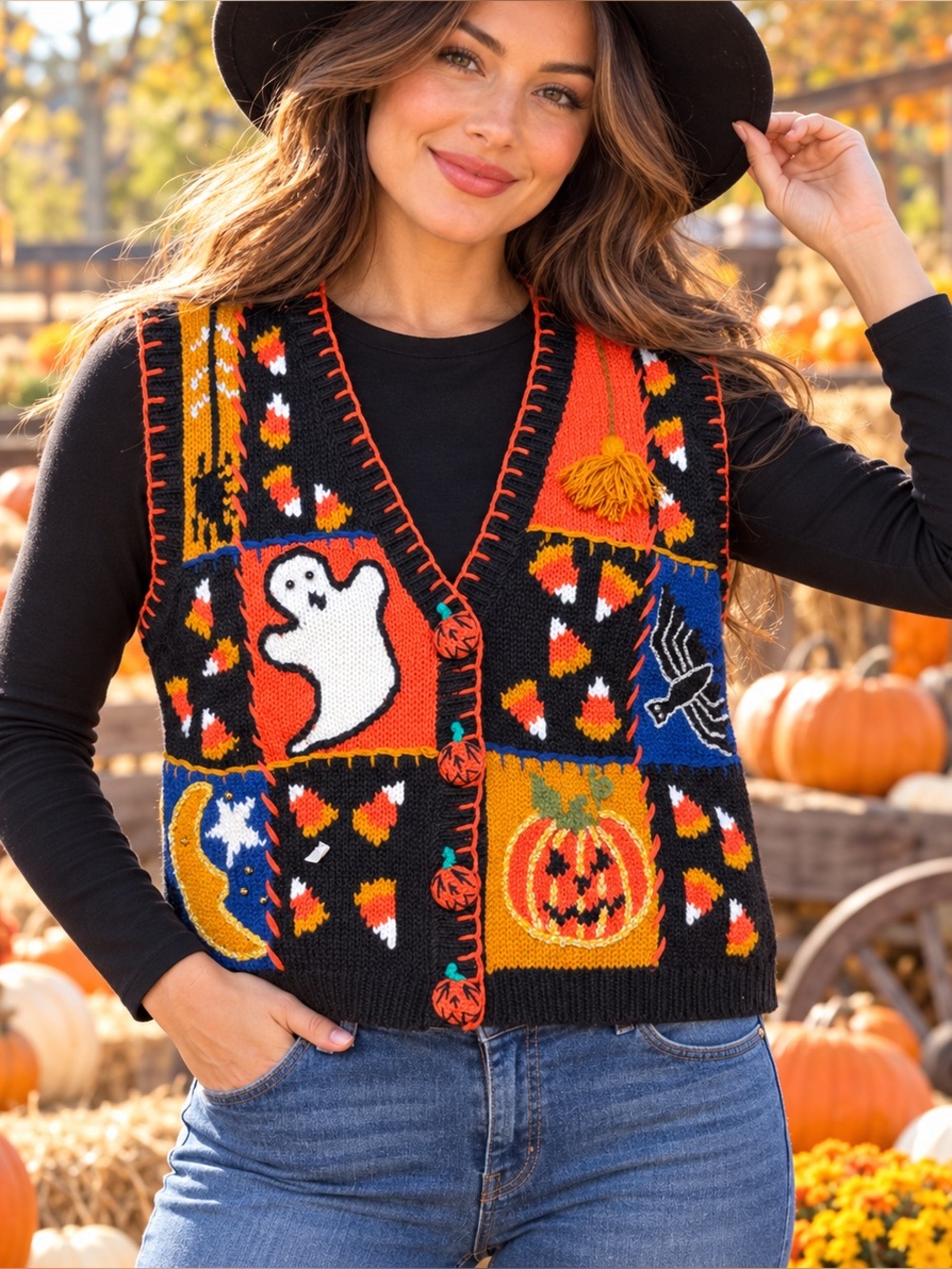 Vintage Halloween Patchwork Knit Sweater Vest Ghost Pumpkin Spider